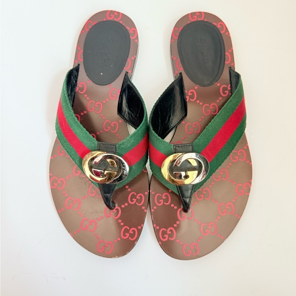 Gucci Brown leather Kika Web thongs sandals Interlocking GG EU 37.5